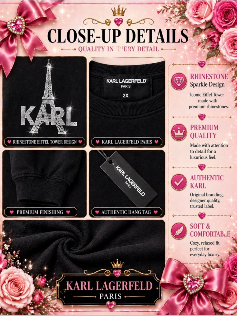 Karl Lagerfeld Black Sweatshirt with Silver Paris Eiffel Tower Women Size 2X NWT - Picture 5 of 12